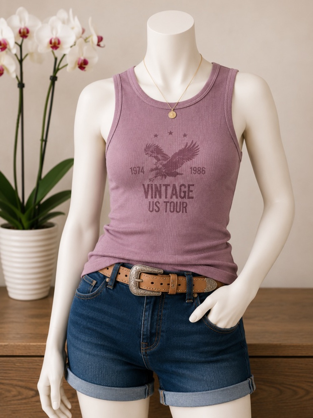 Hippie Rose Dusty Mauve Ribbed Tank with Vintage Eagle Graphic